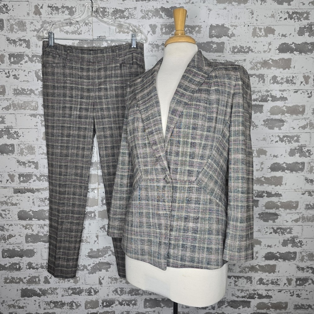 WHBM 2 Piece‎ Pant Suit Blazer Womens 10 Pants 6 Plaid Multicolored Peak Lapel
